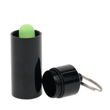 Load image into Gallery viewer, green tapered foam ear plug in a carrying keychain case
