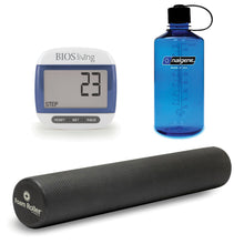 Charger l'image dans la galerie, picture of BIOS Living Exercise Bundle, inlcuding 32 oz. Narrow Mouth Nalgene Bottle in Slate, 36" Black Foam Roller & Pedometer