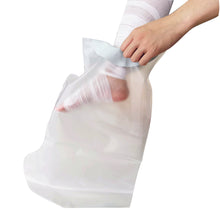 Load image into Gallery viewer, side view of a person putting on the cast protector on their leg