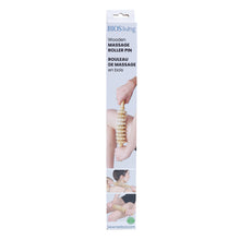 Load image into Gallery viewer, front view of packaging for the wooden massage roller pin
