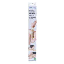 Load image into Gallery viewer, front view of packaging for the wooden massage roller pin