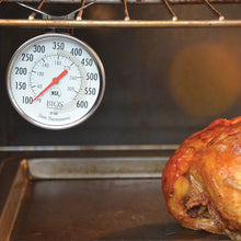 Load image into Gallery viewer, DT160 Dial Oven Thermometer hanging in the oven with a chicken