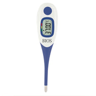 front view of a digital fever thermometer, white and blue
