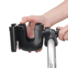 Load image into Gallery viewer, side view of how a cup holder being attached to a walker frame
