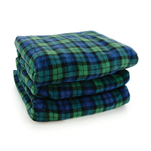 Load image into Gallery viewer, close up of blue and green plaid micro plush throw
