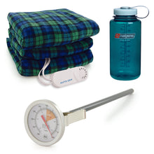 Load image into Gallery viewer, BIOS Living Relaxation Bundle, inlcuding 32 oz. Wide Mouth Nalgene Bottle in Trout Green, Microplush Heated Throw in Blue/Green Plaid &amp; Cappuccino Thermometer with 8&quot; Stem
