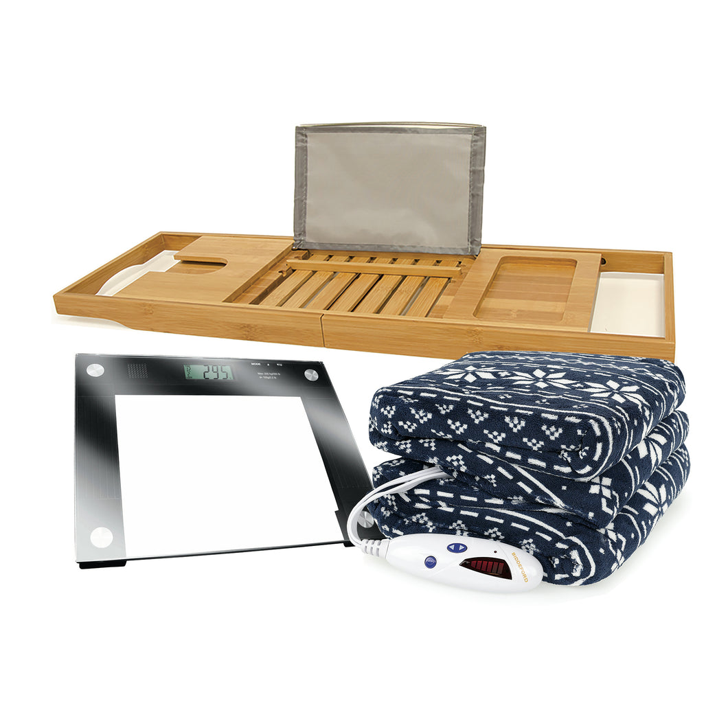 BIOS Living Home Spa Bundle, inlcuding Bamboo Bath Tub Caddy, Extra Wide Talking Scale, & Microplush Heated Throw in Navy Fairisle