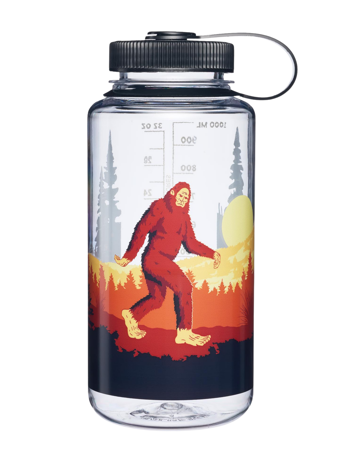 Clear water bottle with a red Sasquatch design on a white background