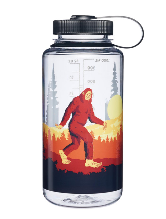 Clear water bottle with a red Sasquatch design on a white background
