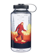 Clear water bottle with a red Sasquatch design on a white background
