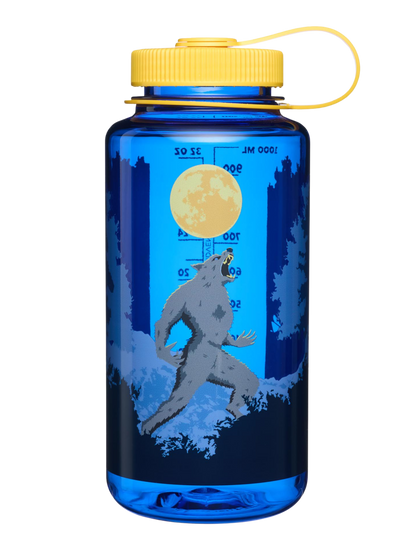 Blue water bottle with a yellow cap featuring a wolf and moon design on a white background