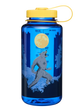 Blue water bottle with a yellow cap featuring a wolf and moon design on a white background