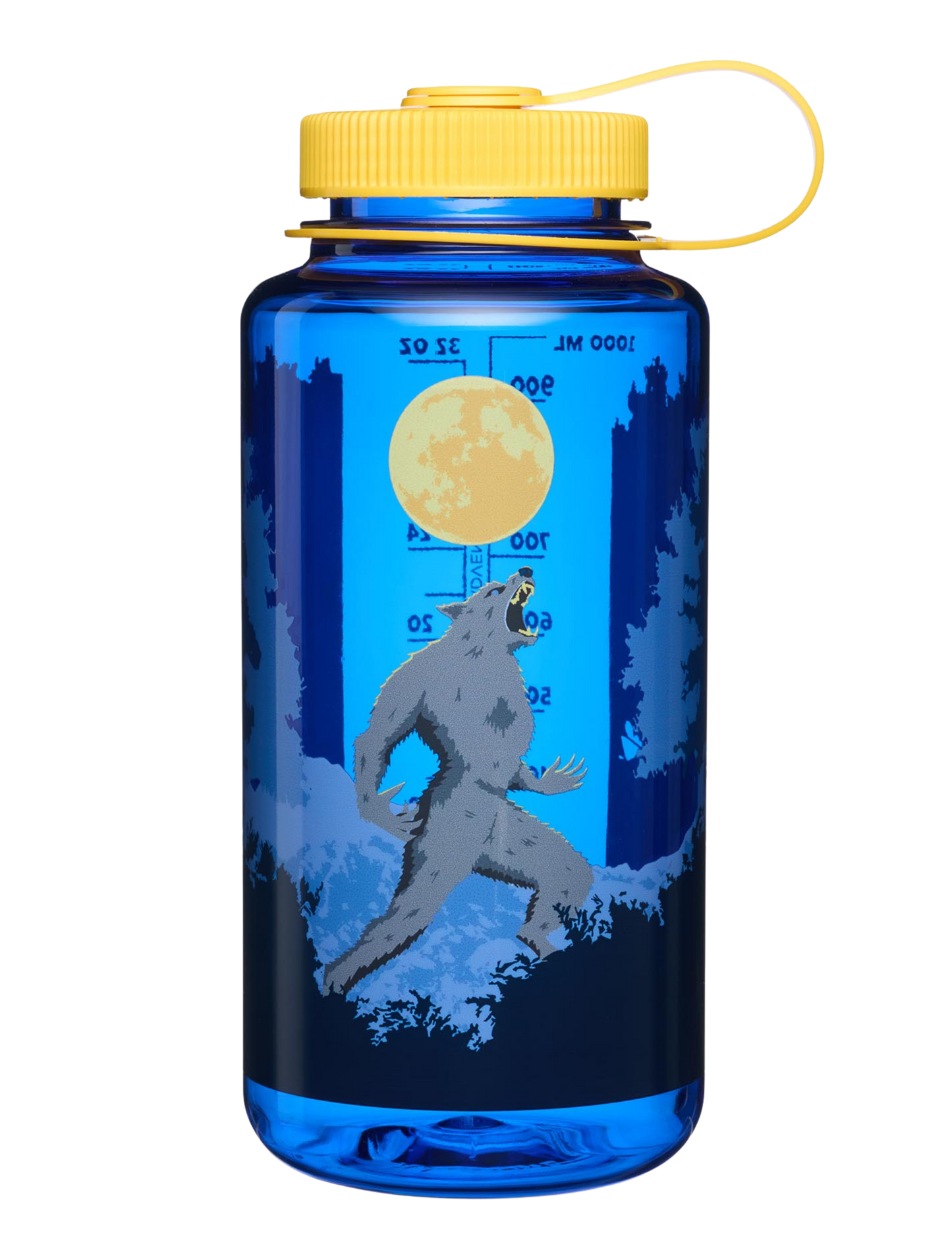 Blue water bottle with a yellow cap featuring a wolf and moon design on a white background