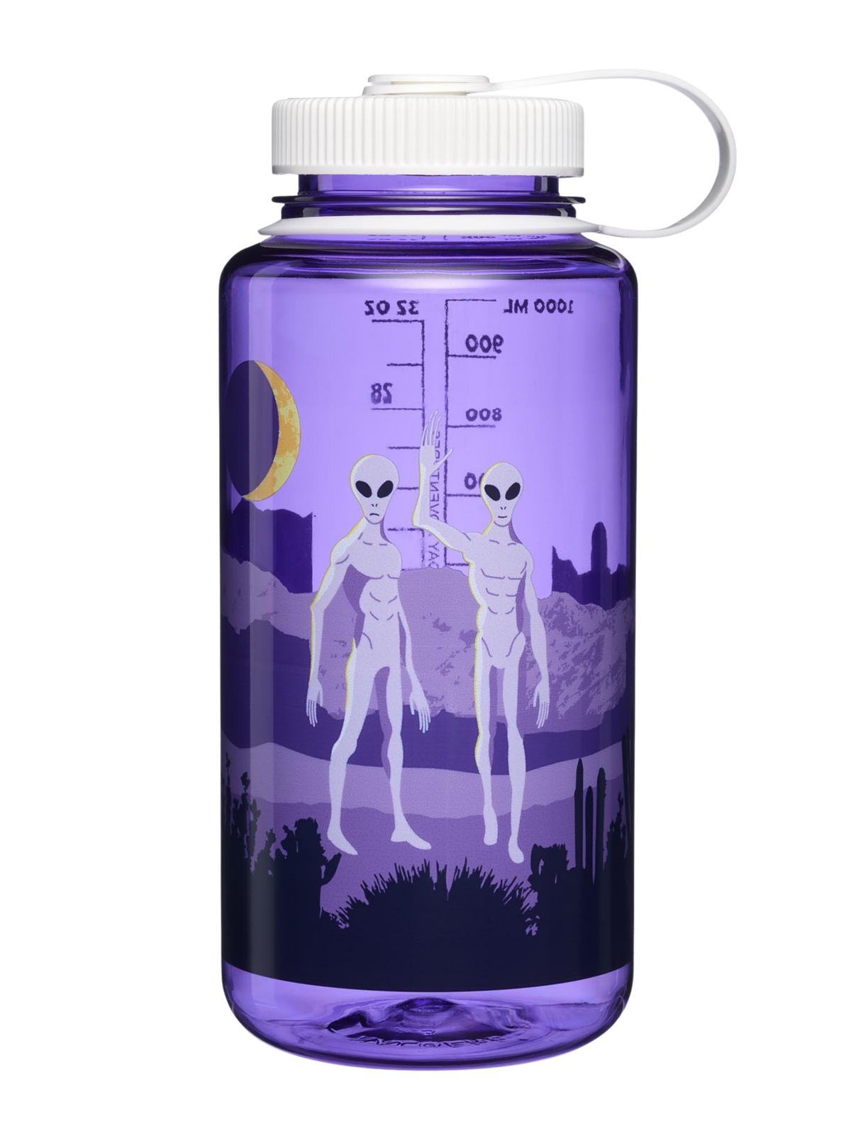 Purple water bottle with alien design on a white background