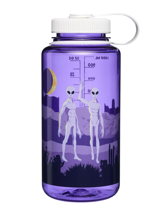 Purple water bottle with alien design on a white background