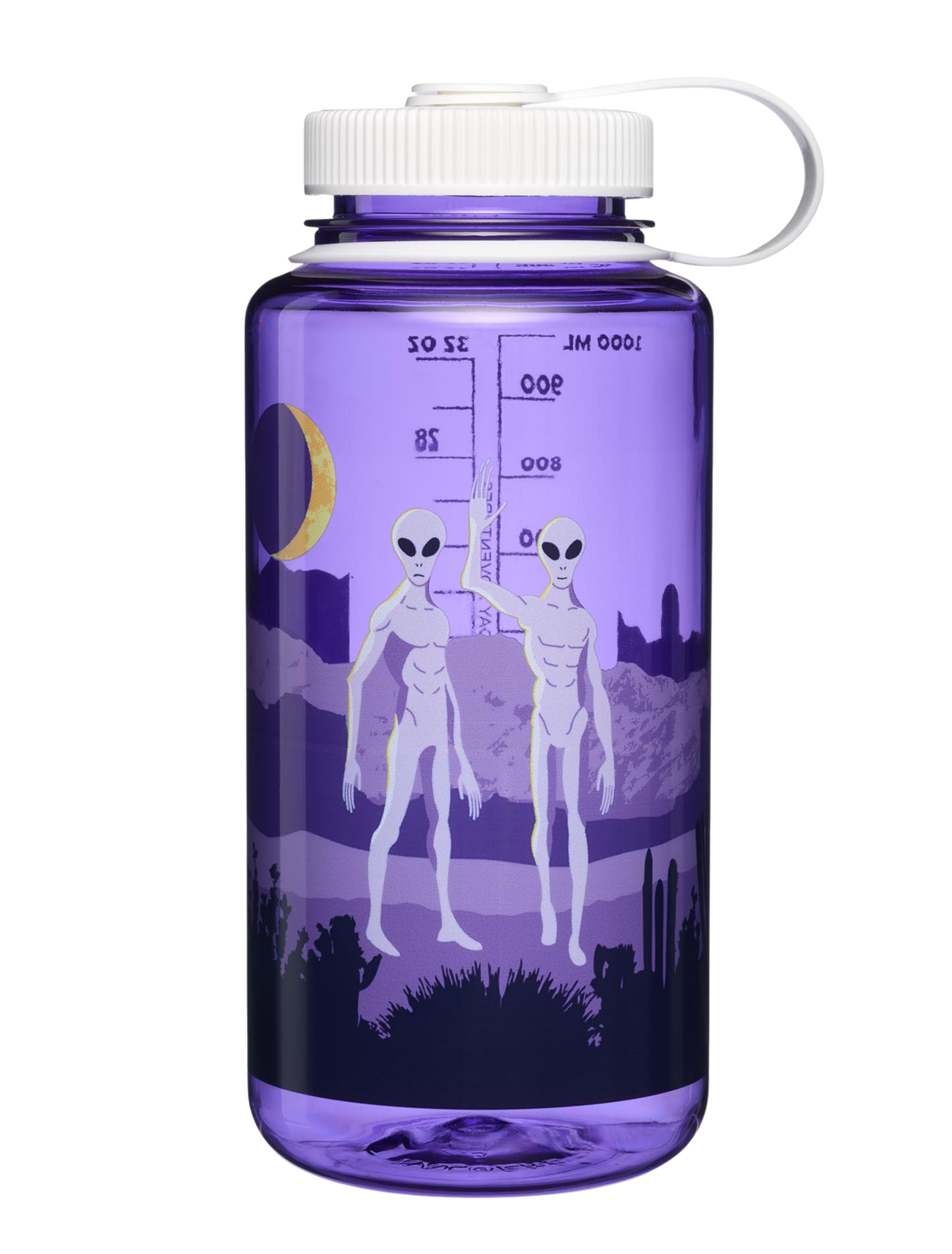 Purple water bottle with alien design on a white background