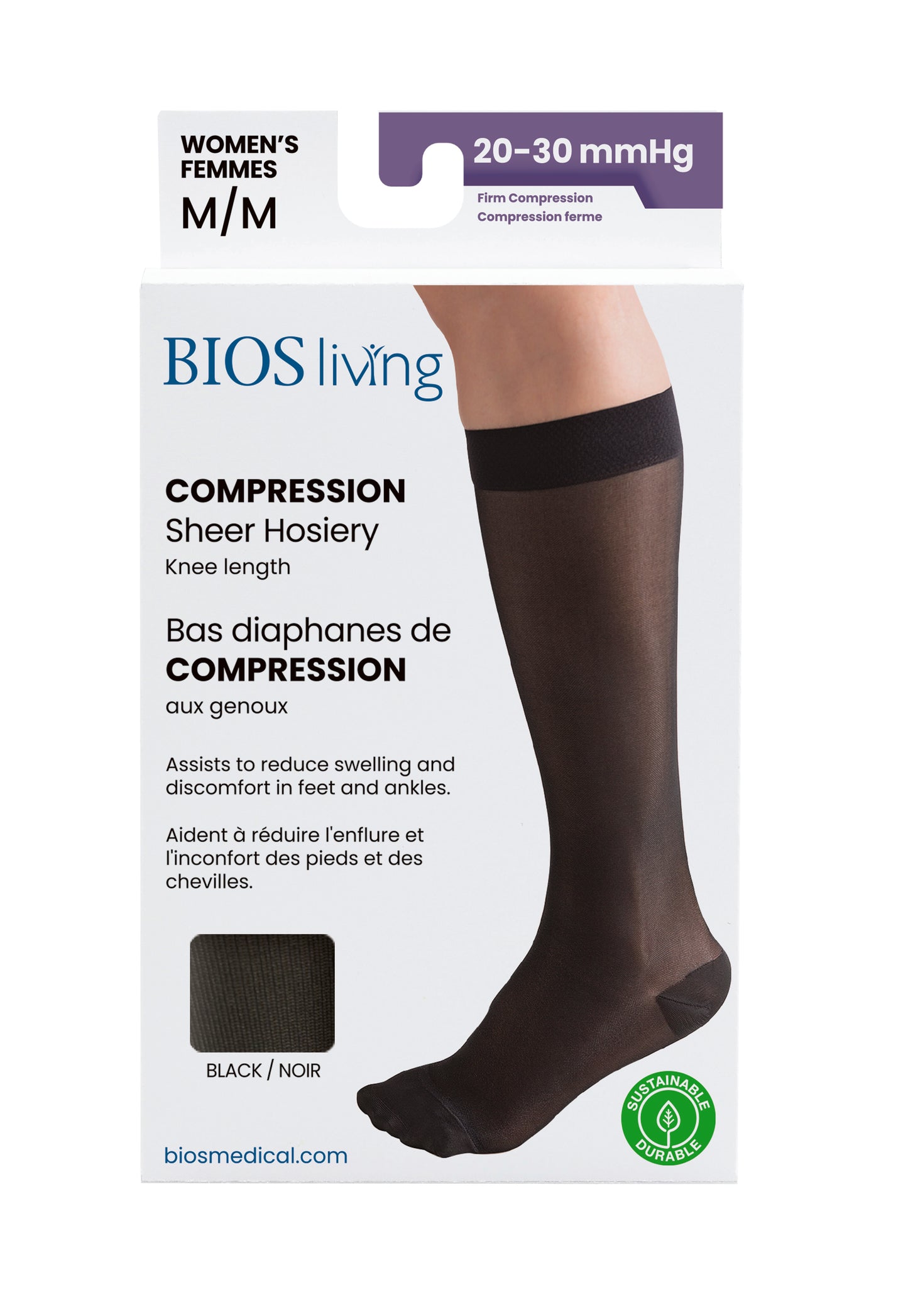 Women's Compression Knee Socks 20-30 mm Hg, Black Front Packaging Photo