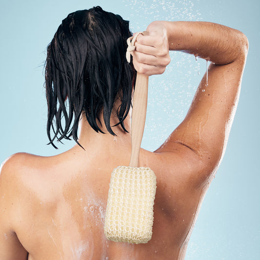 Wooden Long-Handled Bath Sponge & Sisal in use