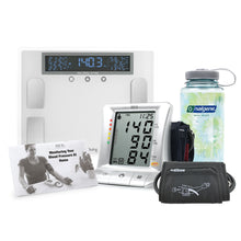 Load image into Gallery viewer, Large Screen Blood Pressure Monitor Bundle including Wide Range Cuff, Logbook, Weight Scale &amp; 32oz Nalgene Bottle Photo
