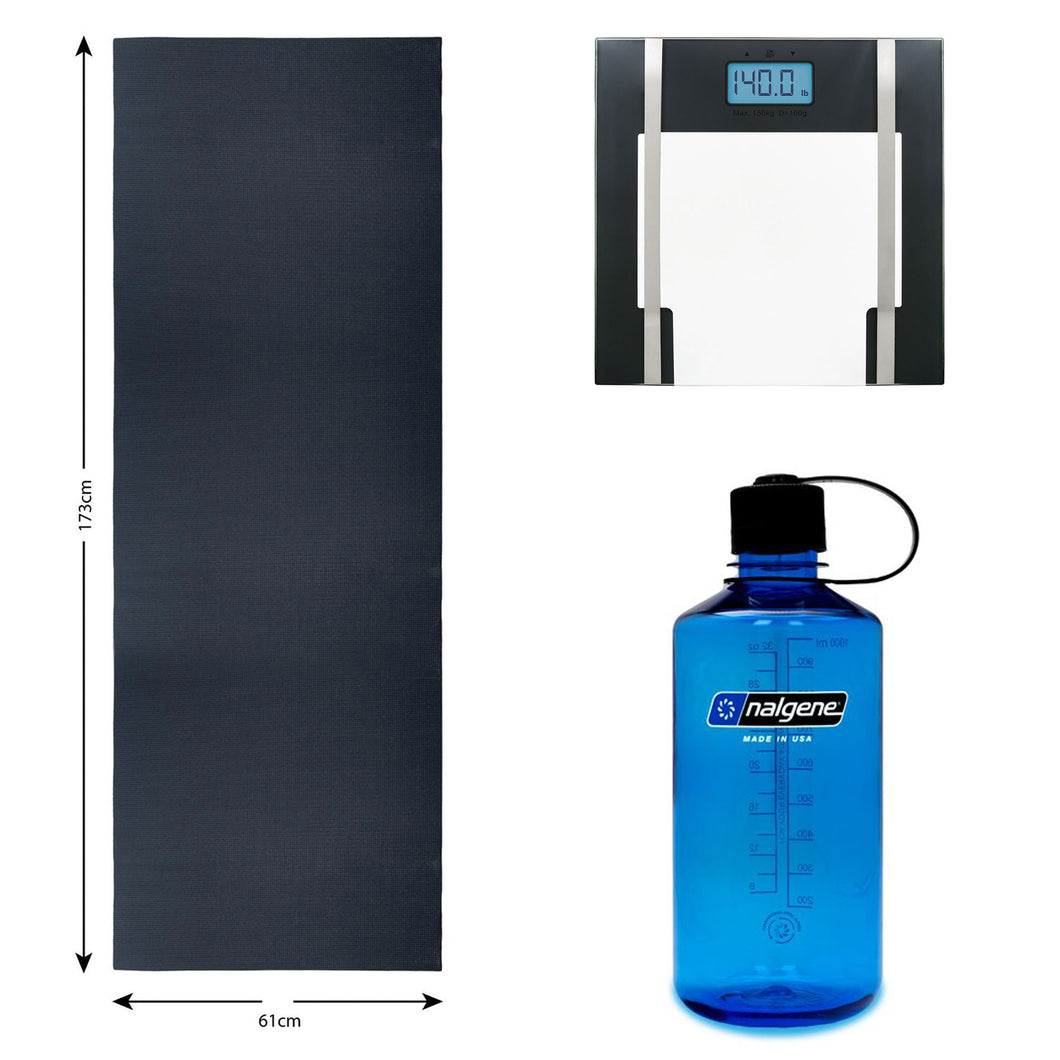 Product picture of Exercise Bundle, including 32 oz. Narrow Mouth Nalgene Bottle in Slate, Yoga Mat & Digital Body Fat Scale