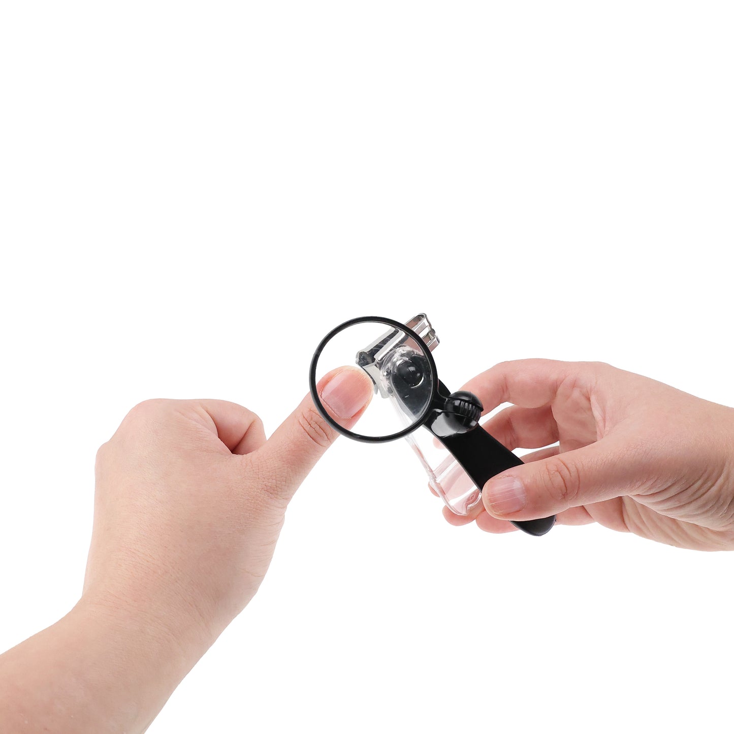 Rotating Nail Clipper With Magnifier in use