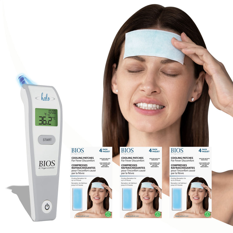 Ensemble de gestion de la fièvre avec thermomètre auriculaire et compresses rafraîchissantes (3 paquets de 4)