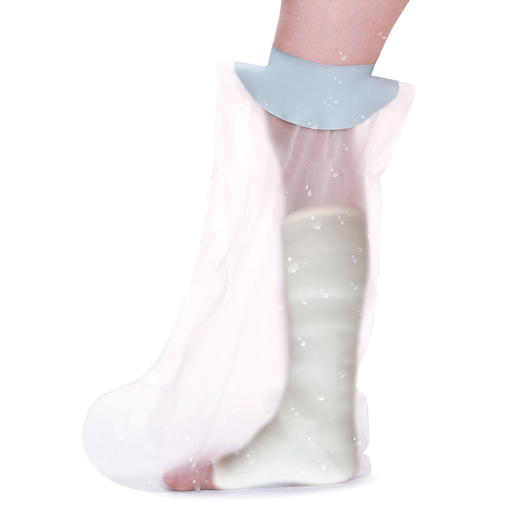 side view of a persons leg with the cast protector on