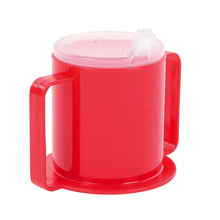 Load image into Gallery viewer, angle view of red two handle mug with spout lid
