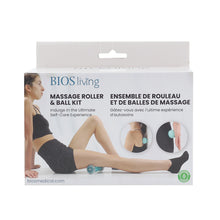 Load image into Gallery viewer, front view of the packaging of the massage roller and ball kit
