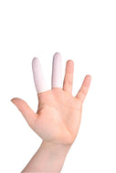 open hand with two fingers wearing latex finger cots