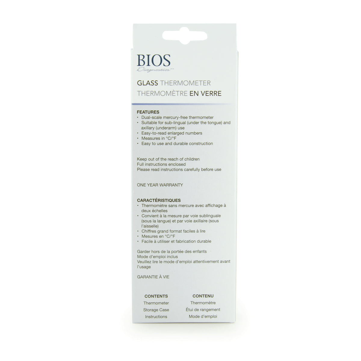Mercury Free Glass fever Thermometer back of retail package