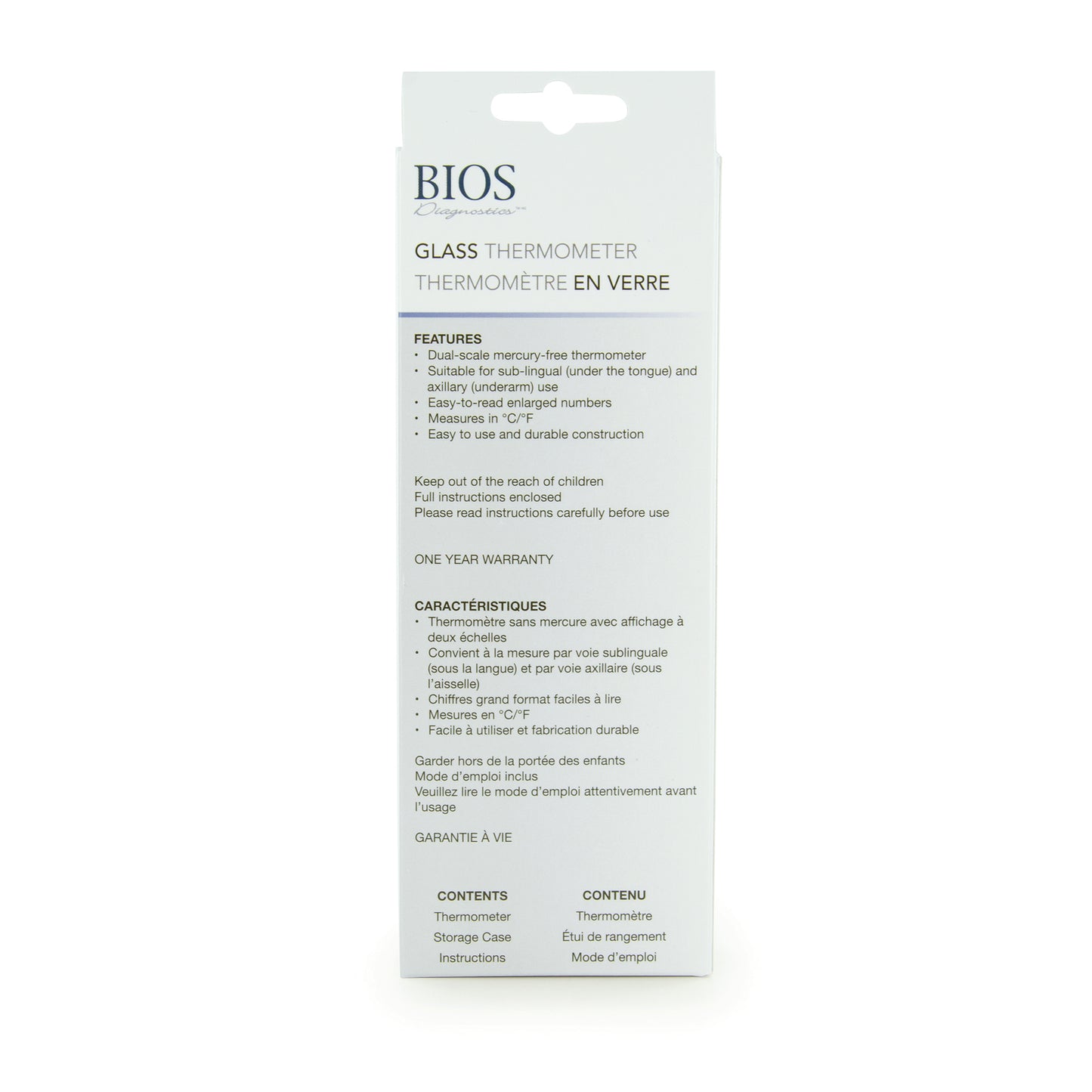 Mercury Free Glass fever Thermometer back of retail package