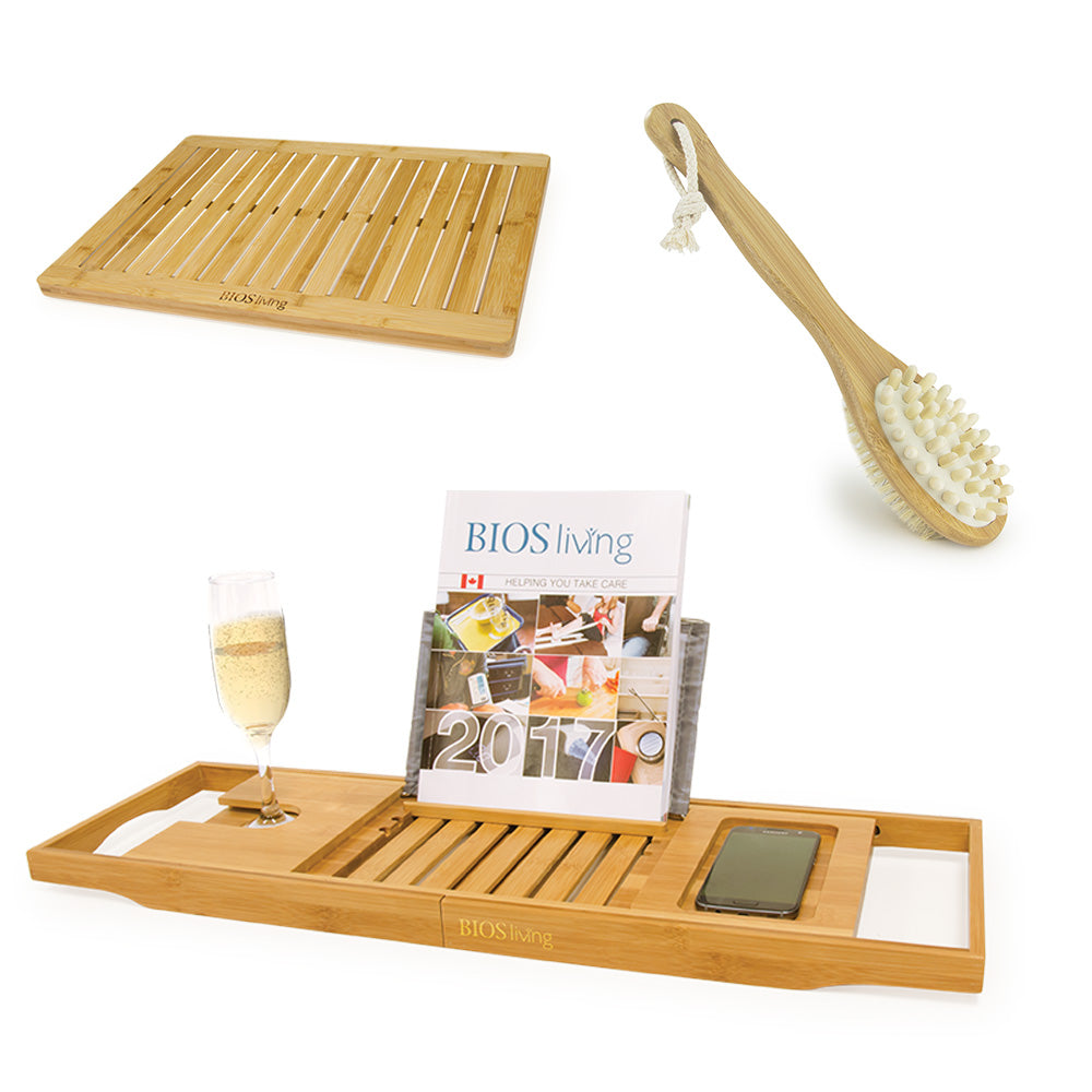 Group image of Bamboo Body Brush, Bath crate and Bathtub caddy
