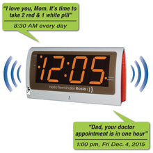 Load image into Gallery viewer, Reminder Rosie Personalized Voice Alarm Clock - side angle - captions showing what you can program into the clock
